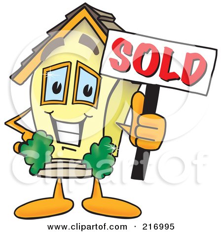 Royalty-Free (RF) Clipart Illustration of a Home Mascot Character Holding A Sold Sign by Mascot Junction