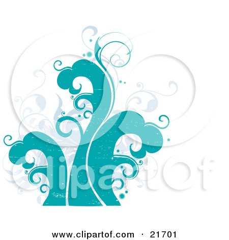 Nature Clipart Picture Illustration of Faded Vines And Turquoise Waves Over A White Background by OnFocusMedia