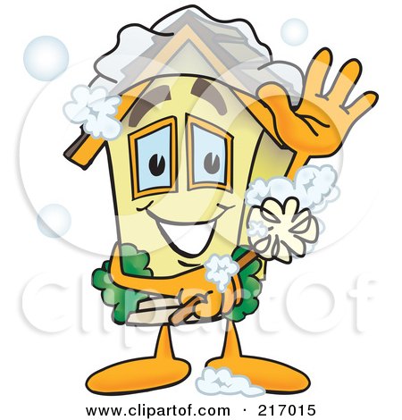 Royalty-Free (RF) Clipart Illustration of a Home Mascot Character Scrubbing Itself With A Brush by Toons4Biz