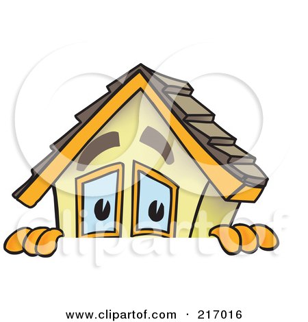 Royalty-Free (RF) Clipart Illustration of a Home Mascot Character Looking Over A Blank Sign by Toons4Biz
