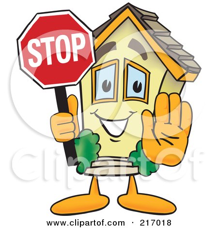 Royalty-Free (RF) Clipart Illustration of a Home Mascot Character Holding A Stop Sign by Mascot Junction