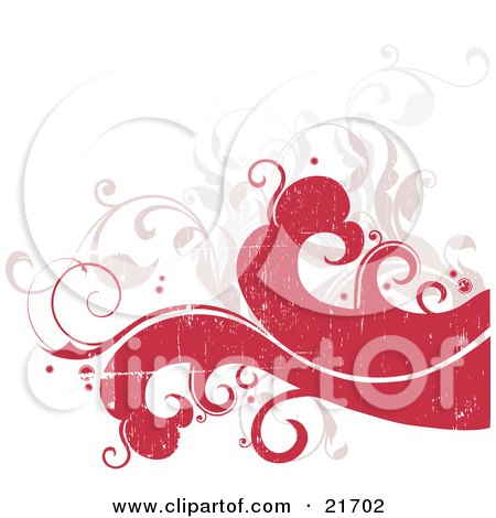 Nature Clipart Picture Illustration of Red Waves And Faded Scrolling Vines Over A White Background by OnFocusMedia