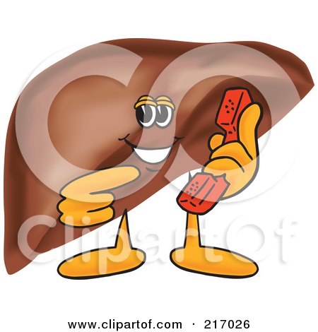 Royalty-Free (RF) Clipart Illustration of a Liver Mascot Character Holding A Phone by Mascot Junction