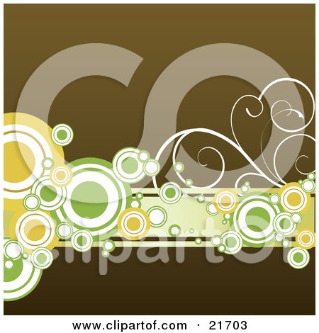 Clipart Picture Illustration of Yellow, White And Green Circles And Vines Over A Brown Background by OnFocusMedia