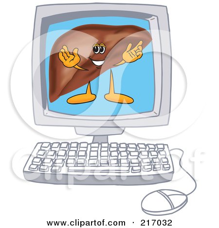 Royalty-Free (RF) Clipart Illustration of a Liver Mascot Character On A Computer Screen by Mascot Junction
