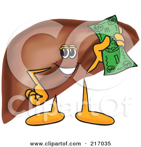 Royalty-Free (RF) Clipart Illustration of a Liver Mascot Character Holding Cash by Mascot Junction