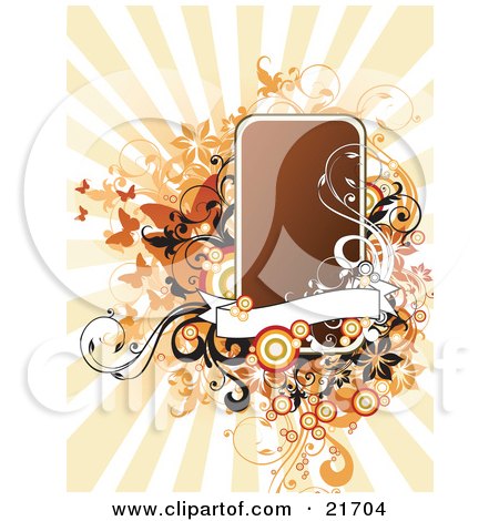 Clipart Picture Illustration of a Brown Frame With A Blank Banner, Black And Orange Flowers And Scrolls And Butterflies Over An Orange Bright Background by OnFocusMedia