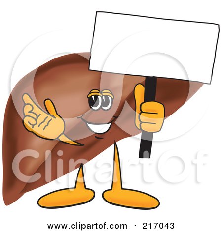 Royalty-Free (RF) Clipart Illustration of a Liver Mascot Character Holding A Small Blank Sign by Mascot Junction