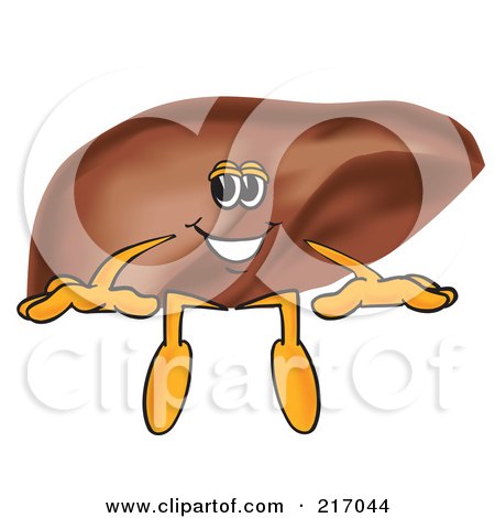 Royalty-Free (RF) Clipart Illustration of a Liver Mascot Character Sitting On A Blank Sign by Mascot Junction