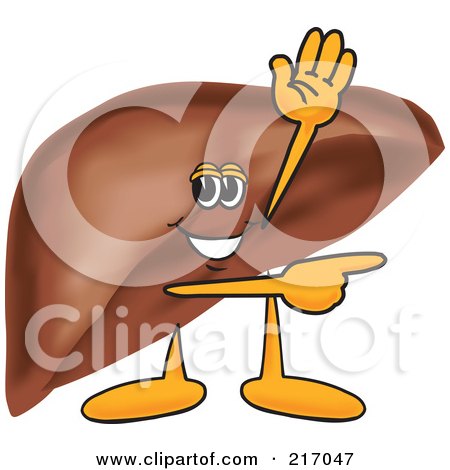 Royalty-Free (RF) Clipart Illustration of a Liver Mascot Character Waving And Pointing by Mascot Junction