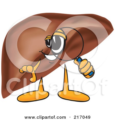 Royalty-Free (RF) Clipart Illustration of a Liver Mascot Character Using A Magnifying Glass by Mascot Junction