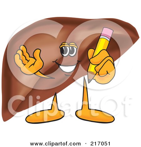 Royalty-Free (RF) Clipart Illustration of a Liver Mascot Character Holding A Pencil by Mascot Junction