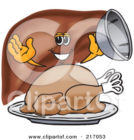 Royalty-Free (RF) Clipart Illustration of a Liver Mascot Character Serving A Thanksgiving Turkey by Mascot Junction