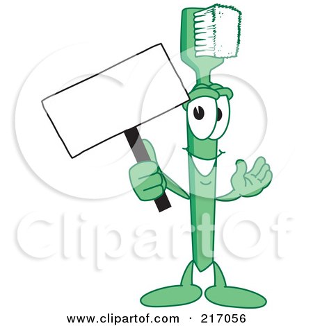 Royalty-Free (RF) Clipart Illustration of a Green Toothbrush Character Mascot Holding A Small Blank Sign by Mascot Junction