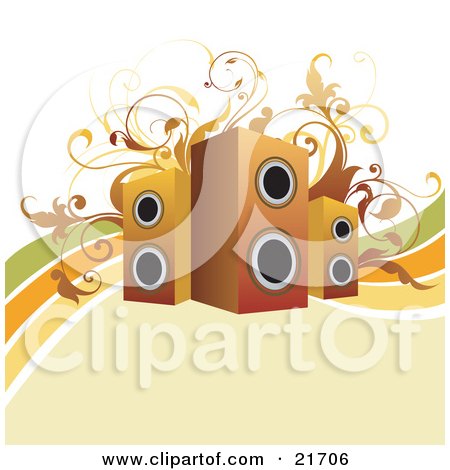 Musical Clipart Picture Illustration of a Set Of Three Speakers Over A Green, Yellow, Orange And White Background With Scrolling Vines by OnFocusMedia