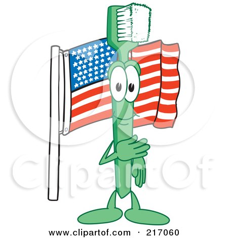 Royalty-Free (RF) Clipart Illustration of a Green Toothbrush Character Mascot With An American Flag by Mascot Junction