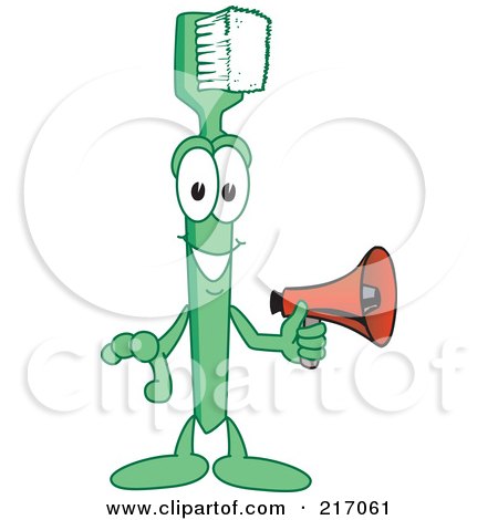 Royalty-Free (RF) Clipart Illustration of a Green Toothbrush Character Mascot Holding A Megaphone by Mascot Junction