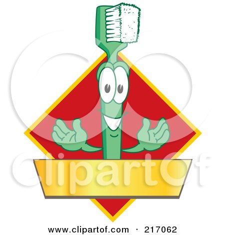 Royalty-Free (RF) Clipart Illustration of a Green Toothbrush Logo Character Mascot With A Gold Banner On A Red Diamond by Mascot Junction