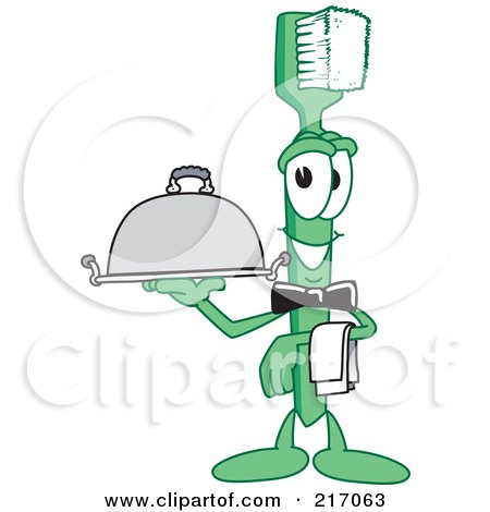 Royalty-Free (RF) Clipart Illustration of a Green Toothbrush Character Mascot Serving A Platter by Mascot Junction