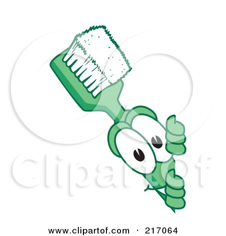Royalty-Free (RF) Clipart Illustration of a Green Toothbrush Character Mascot Looking Around A Blank Sign by Mascot Junction