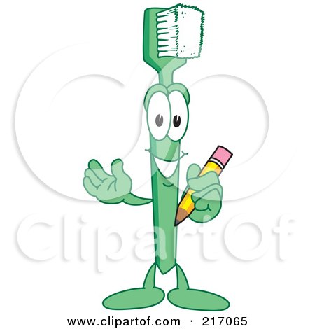 Royalty-Free (RF) Clipart Illustration of a Green Toothbrush Character Mascot Holding A Pencil by Mascot Junction