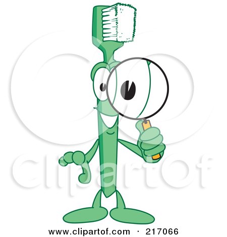 Royalty-Free (RF) Clipart Illustration of a Green Toothbrush Character Mascot Using A Magnifying Glass by Mascot Junction