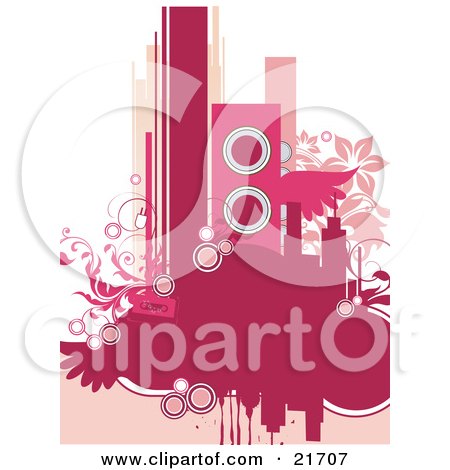 Musical Clipart Picture Illustration of a Winged Speaker With Vines And Flowers Over A Blank Area And White Background In Pink Tones by OnFocusMedia