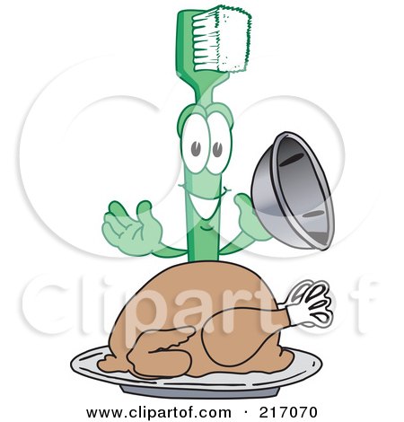 Royalty-Free (RF) Clipart Illustration of a Green Toothbrush Character Mascot Serving A Thanksgiving Turkey by Mascot Junction