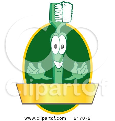 Royalty-Free (RF) Clipart Illustration of a Green Toothbrush Logo Character Mascot With A Gold Banner On A Green Oval by Mascot Junction