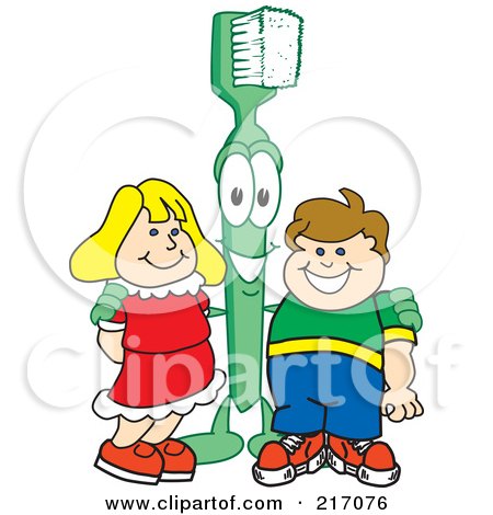 Royalty-Free (RF) Clipart Illustration of a Green Toothbrush Character Mascot Standing With Kids by Mascot Junction