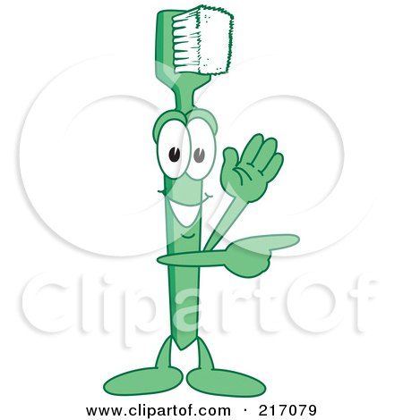 Royalty-Free (RF) Clipart Illustration of a Green Toothbrush Character Mascot Waving And Pointing by Mascot Junction