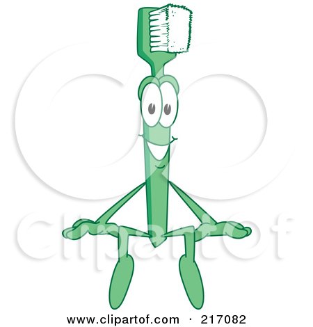 Royalty-Free (RF) Clipart Illustration of a Green Toothbrush Character Mascot Sitting On A Blank Sign by Mascot Junction