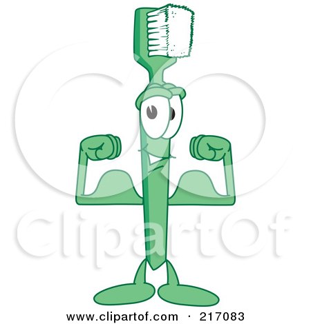 Royalty-Free (RF) Clipart Illustration of a Green Toothbrush Character Mascot Flexing by Mascot Junction