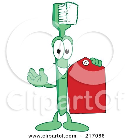Royalty-Free (RF) Clipart Illustration of a Green Toothbrush Character Mascot Holding A Price Tag by Mascot Junction