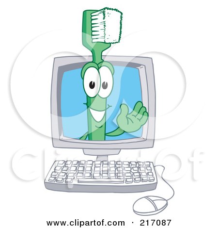 Royalty-Free (RF) Clipart Illustration of a Green Toothbrush Character Mascot In A Computer by Mascot Junction