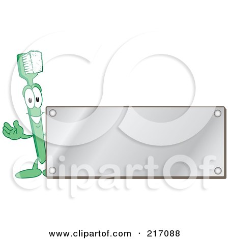 Royalty-Free (RF) Clipart Illustration of a Green Toothbrush Character Logo Mascot With A Blank Silver Plaque by Mascot Junction