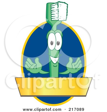 Royalty-Free (RF) Clipart Illustration of a Green Toothbrush Logo Character Mascot With A Gold Banner On A Blue Oval by Mascot Junction