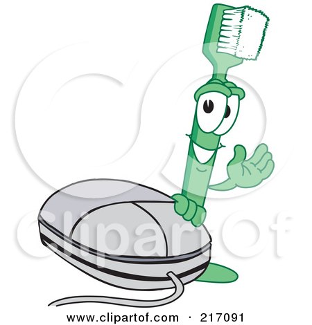 Royalty-Free (RF) Clipart Illustration of a Green Toothbrush Character Mascot By A Computer Mouse by Mascot Junction