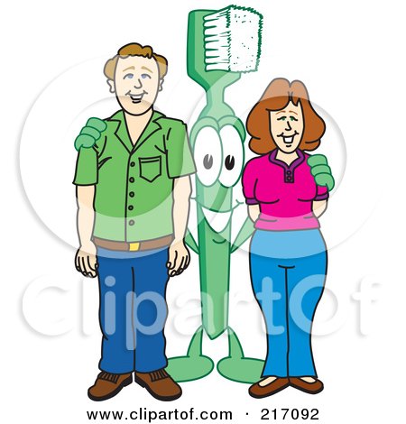 Royalty-Free (RF) Clipart Illustration of a Green Toothbrush Character Mascot Standing With Adults by Mascot Junction