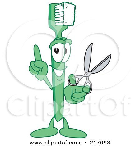 Royalty-Free (RF) Clipart Illustration of a Green Toothbrush Character Mascot Holding Scissors by Mascot Junction
