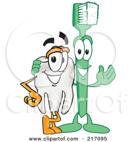 Royalty-Free (RF) Clipart Illustration of Green Toothbrush And Tooth Character Mascots by Mascot Junction