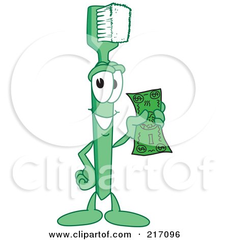 Royalty-Free (RF) Clipart Illustration of a Green Toothbrush Character Mascot Holding Cash by Mascot Junction