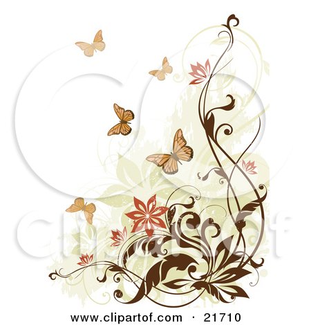 Nature Clipart Picture Illustration of Flying Monarch Butterflies Near Flowering Brown Vines Over A White Background by OnFocusMedia