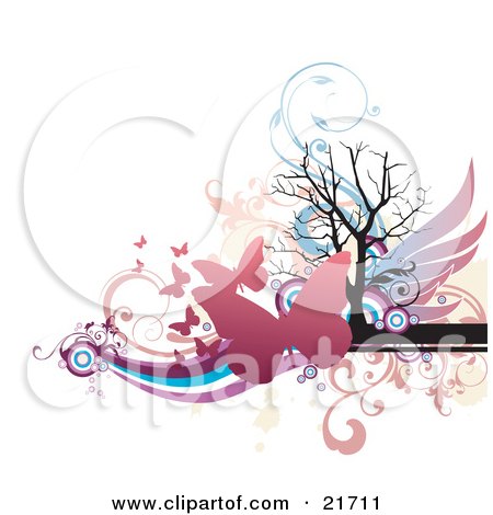 Nature Clipart Picture Illustration of Flying Pink Butterflies Over A Bare Silhouetted Tree With Wings, Waves And Scrolls by OnFocusMedia