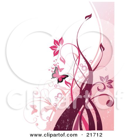 Nature Clipart Picture Illustration of Fluttering Pink Butterflies And Flowering Plants And Vines Over A Pink And White Background by OnFocusMedia
