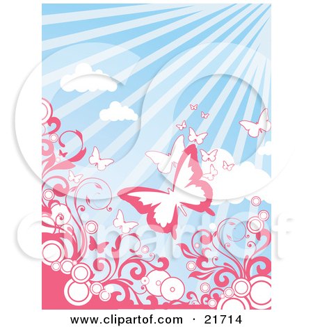 Nature Clipart Picture Illustration of Pink And White Butterflies Flying Above Circles And Pink Scrolling Vines Over A Sunny Blue Sky Background by OnFocusMedia