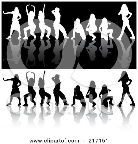 Royalty-Free (RF) Clipart Illustration of a Digital Collage Of Black And White Silhouetted Dancing Women On Reflective Backgrounds - 2 by dero