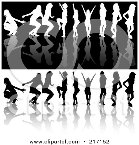 Royalty-Free (RF) Clipart Illustration of a Digital Collage Of Black And White Silhouetted Dancing Women On Reflective Backgrounds - 1 by dero