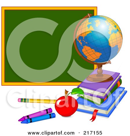 Royalty-Free (RF) Clipart Illustration of a Desk Globe On Top Of Books By An Apple, Pencil, Crayons, And Chalk Board by Pushkin