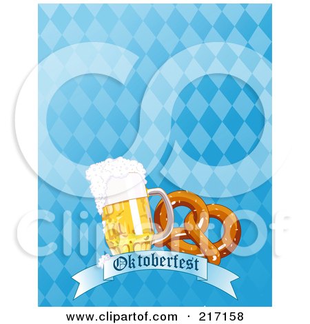 Royalty-Free (RF) Clipart Illustration of a Blue Diamond Oktoberfest Background With Beer And A Soft Pretzel by Pushkin